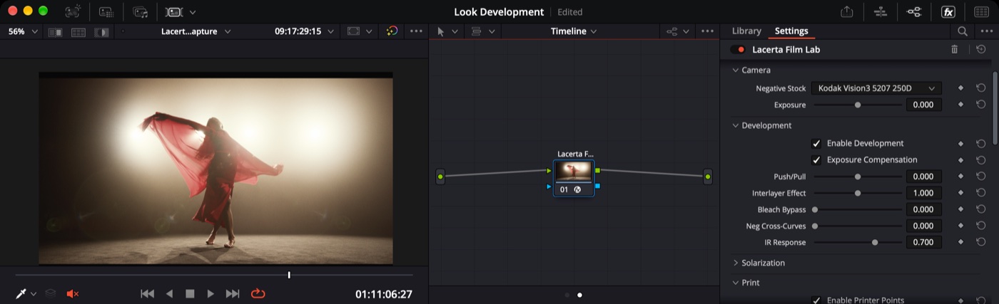 DaVinci Resolve's Color page with Lacerta Film Lab as the only node on the timeline, its settings panel open, and the viewer showing a backlit dancer.